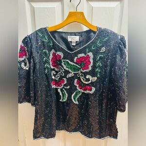 Elegance by Anjani Black Sequin Blouse with Floral Embroidery